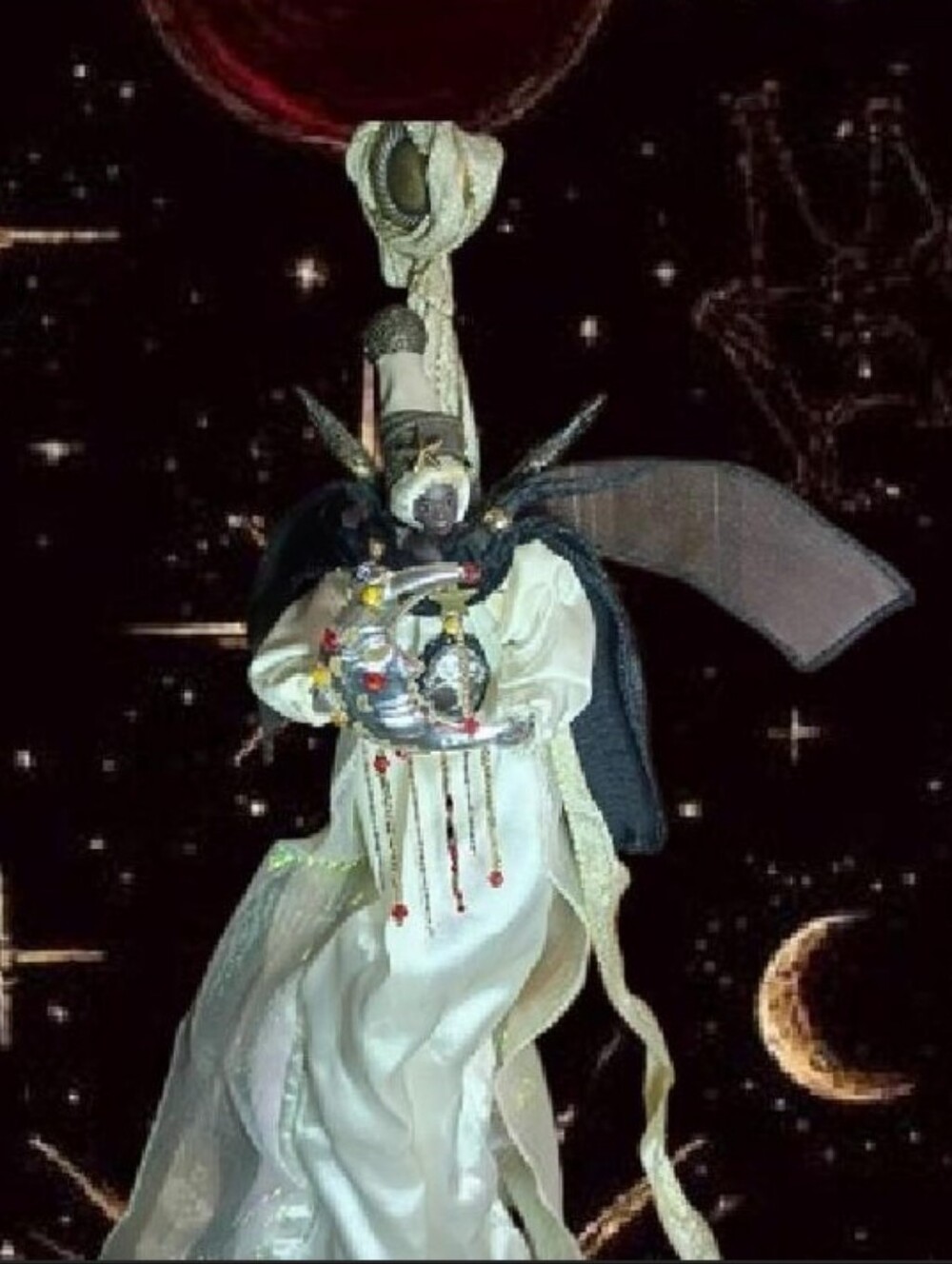 Upcycled VTG Whimsical Celestial Angel Ornament in Ivory, Gold and Black Outfit